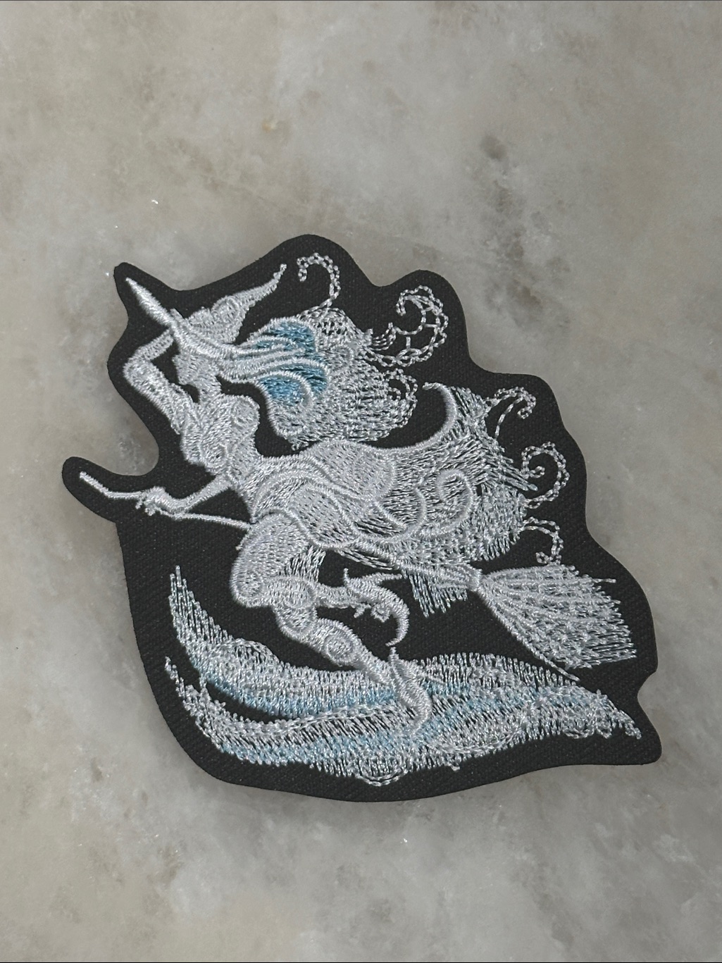 Embroidered Witch Riding Broom Patch - Black, Silver, Light Blue